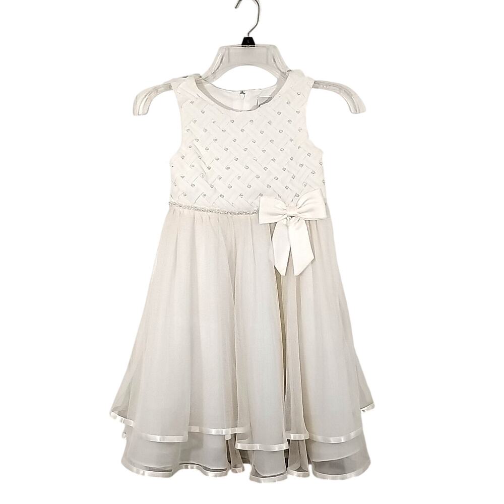 Rare Editions Fancy Dress Flower Girl Wedding Pearls Bow Girls Size 6X Off White